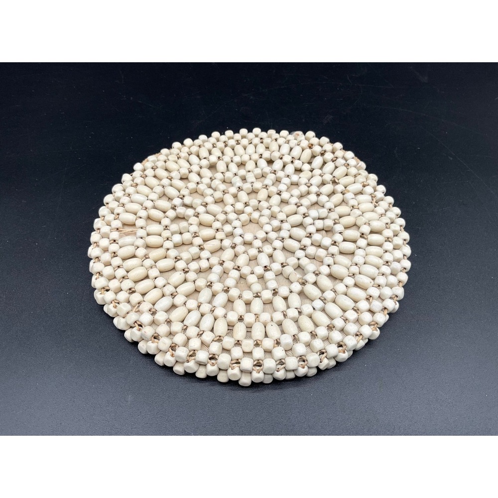 Vintage Wood Bead Clutch Round White‎ Midcentury Zip Pouch with Ball Chain Pull